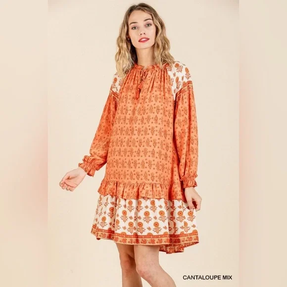 Umgee | Floral Long Puff Sleeve Keyhole Dress Ruffle Hem Tassel Tie Tiered Boho - Picture 3 of 16